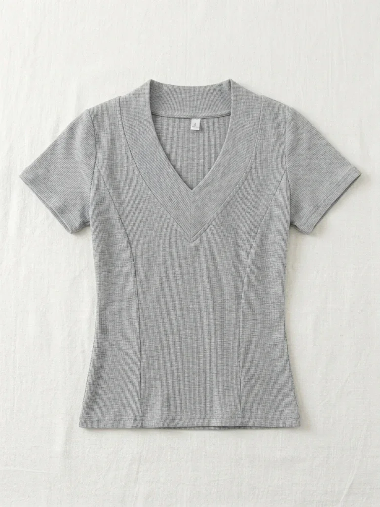 Koreanisches Lässiges Vielseitiges Oberteil 2026 Sommer Neu V-Ausschnitt Geripptes Gestricktes Schlankes Damen T-Shirt Basic Elastisch Kurzarm Tee Shirt – Detail 5