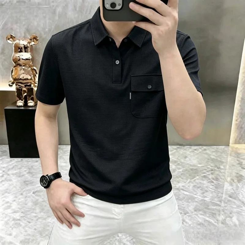 High Quality Summer Business Casual Polo Shirt for Men Solid Color Short Sleeve Collar T-shirts Formal Social Polos Men Clothing