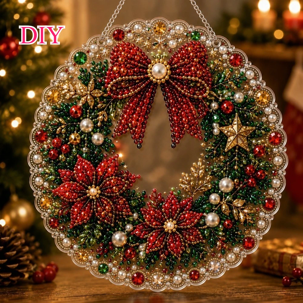 Kerst diamant schilderij hangende decoratie, DIY ronde diamant kunst krans bord voor kerst deur raam huis wanddecoratie