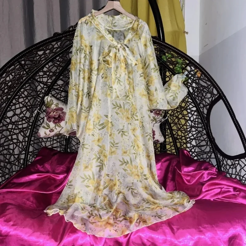 

Couple Soft Glossy Chiffon Floral Bow Tie Tied Long Sleeved Dress Breathable Fashionable Batwing Sleeve Sissy Night Dress