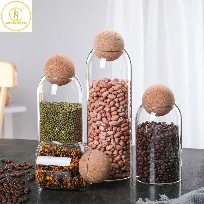 500/800/1200/1600ml Glass Food Storage Jar with Globular Cork Stopper Coffee Beans Tea Grains Canister Home Kitchen Storage Tank