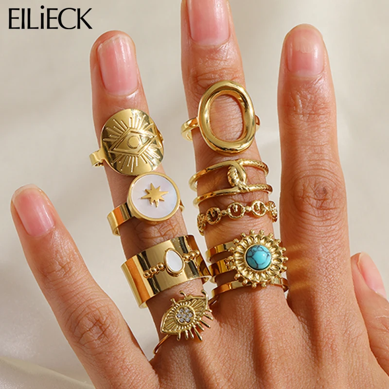 EILIECK 316L Stainless Steel Gold Color Vintage Cuff Rings For Women Girl New Non-fading Adjustable Finger Ring Jewelry Gift