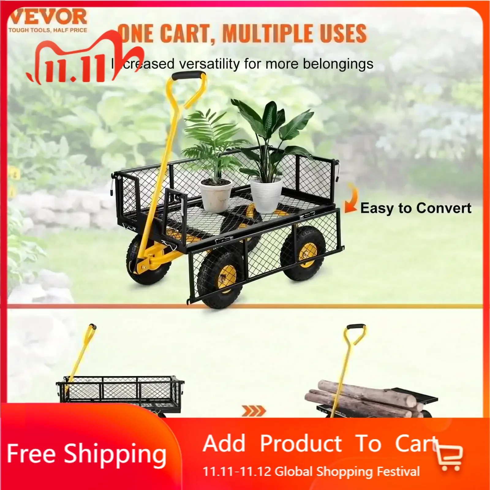 

Стальная садовая тележка, усиленная конструкция, грузоподъемность 900 фунтов, со съемными сетчатыми боковинами, трансформирующаяся в платформенную тележку