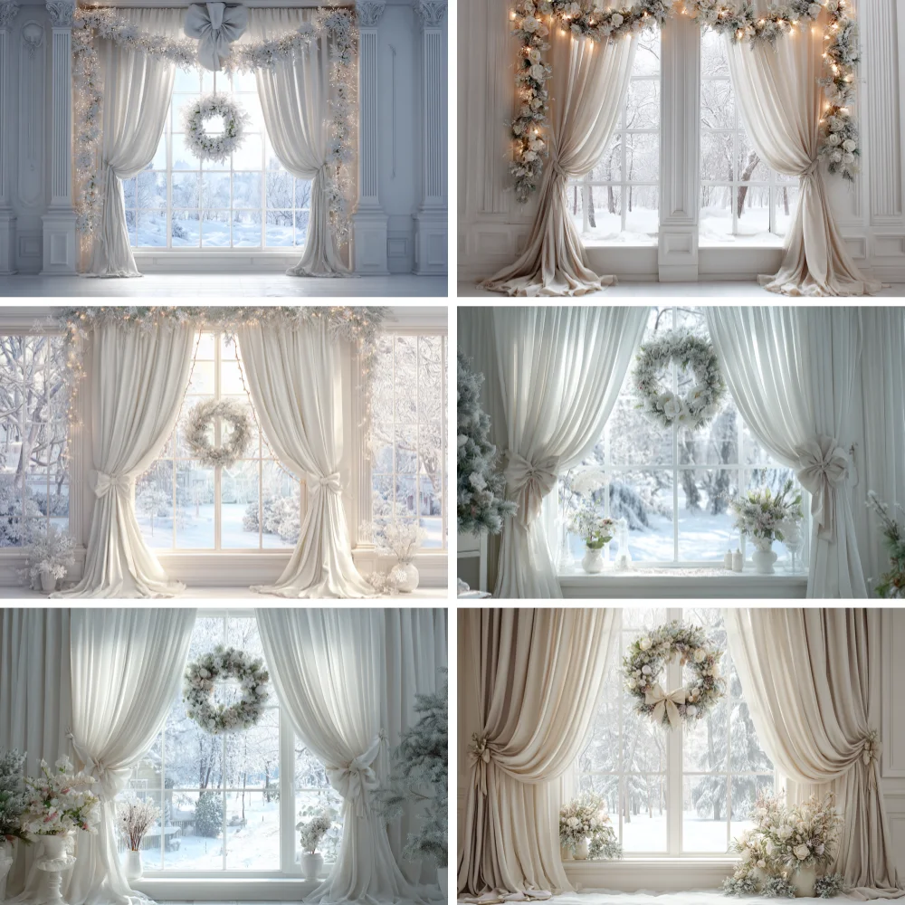 

Photography Background Winter Christmas Windows Flower garland Snow Xmas Tree Kids Family Portrait Decor Backdrop Photo Studio