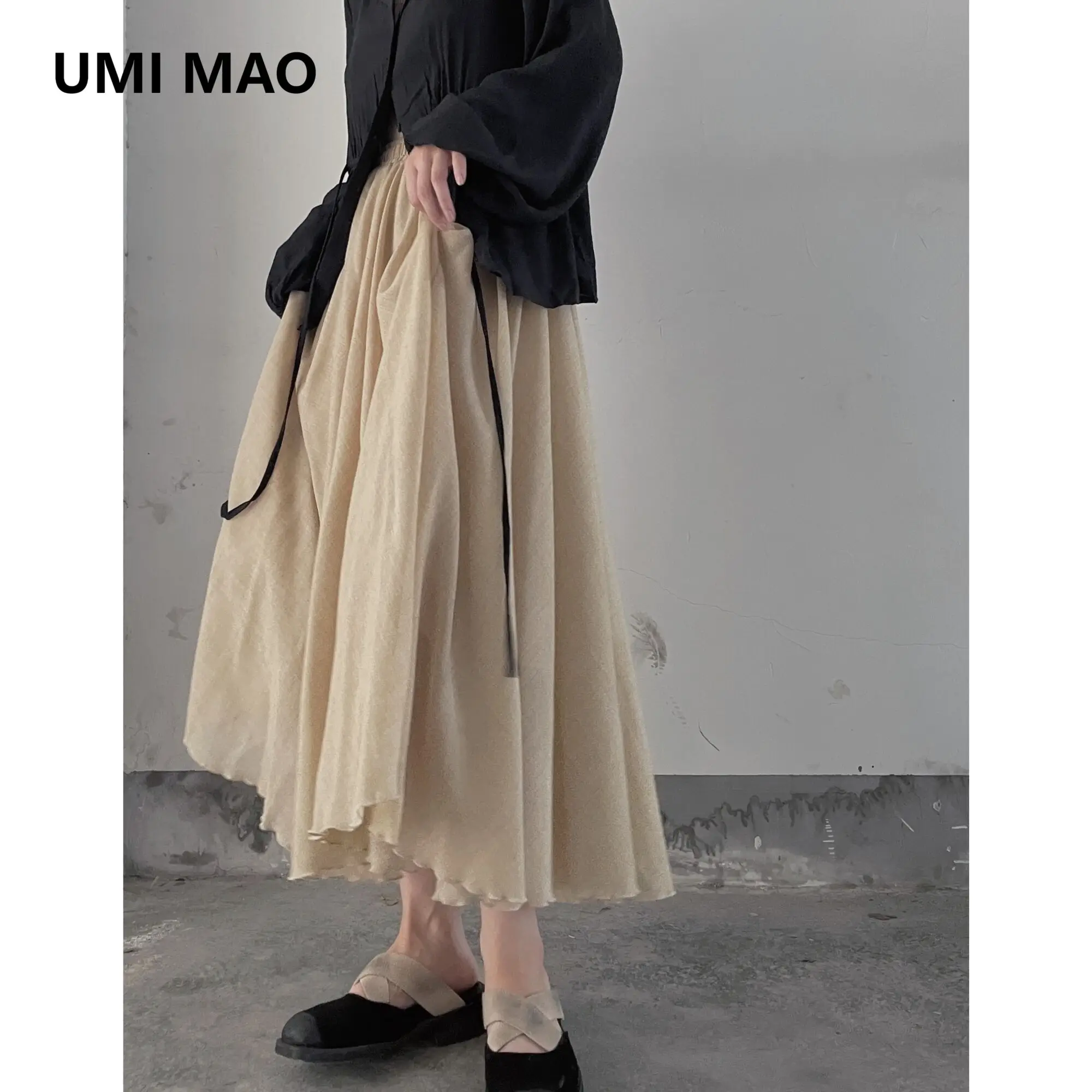 

UMI MAO Прозрачная художественная двухслойная хлопково-льняная большая юбка Универсальная однотонная юбка для похудения Длинная юбка весна-лето
