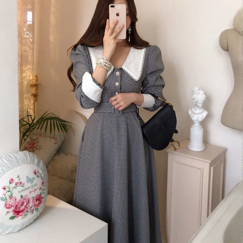 Women Plaid Dress 2023 Spring French Elegant Temperament Lapel Lace Check Chic Single-Breasted Waist Puff Long Sleeve Vestidos