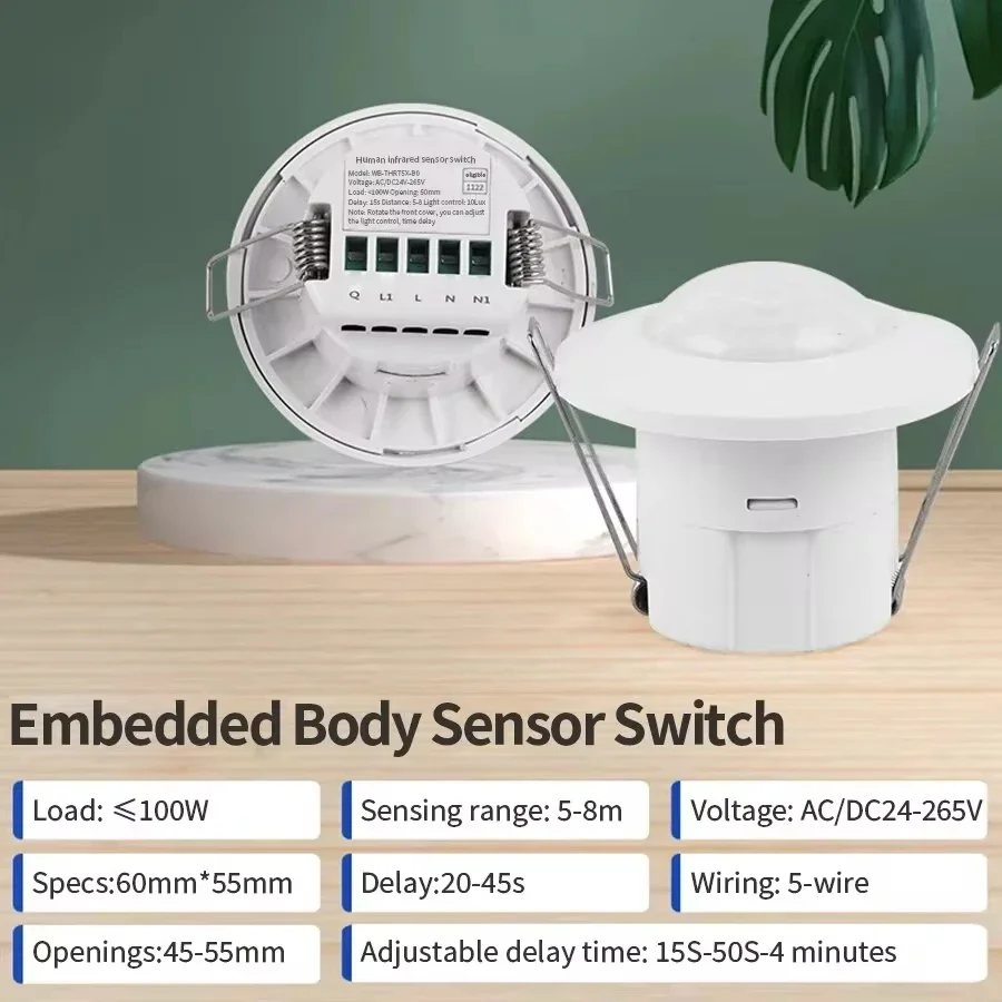 Embedded PIR Sensor Switch AC/DC 24-265V Human Body Infrared Detector 360° Degree Adjustable LED Light Control Sensor Switches