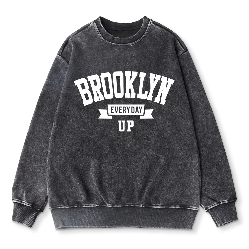 Fashion Woman Washed Sweatshirt Brooklyn Every Day Up Printed Pullover Oversize Cotton Pocket Hoodie Female Acid Wash Clothes