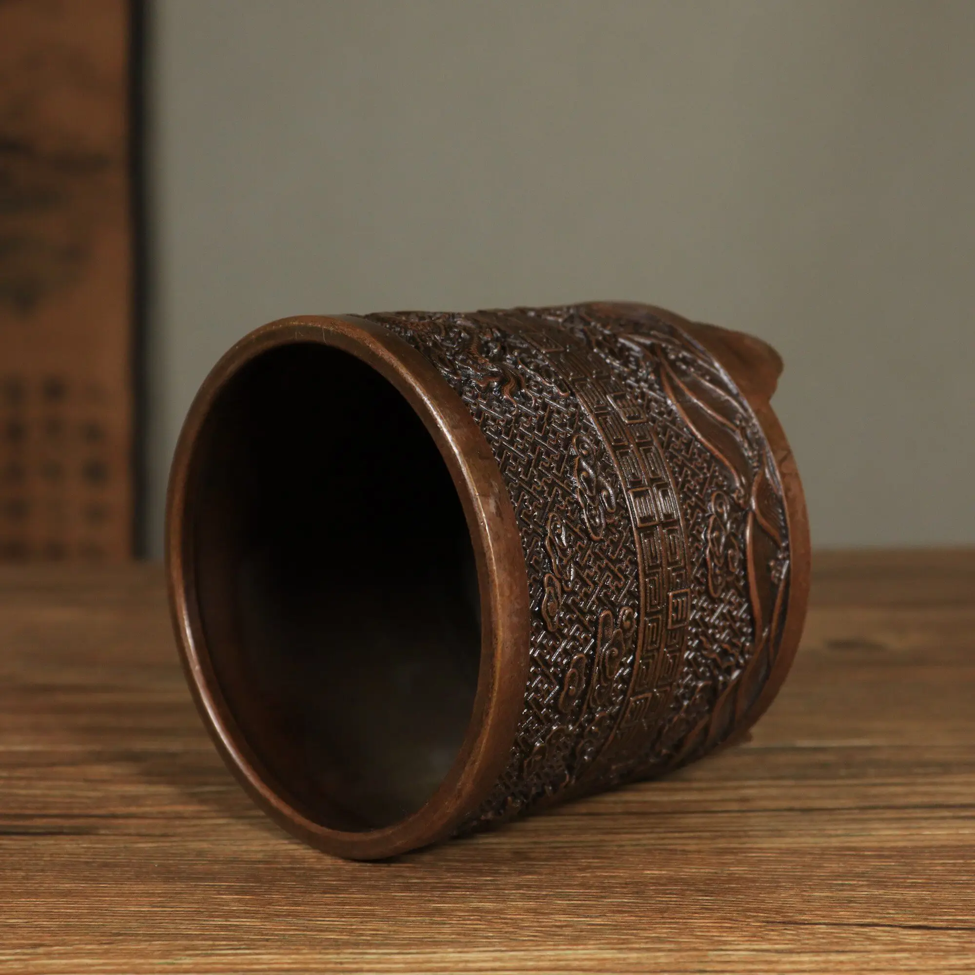 

Vintage Pure Copper Dragon Phoenix Cylinder Incense Burner Auspicious Home Study Decor Antique Collection