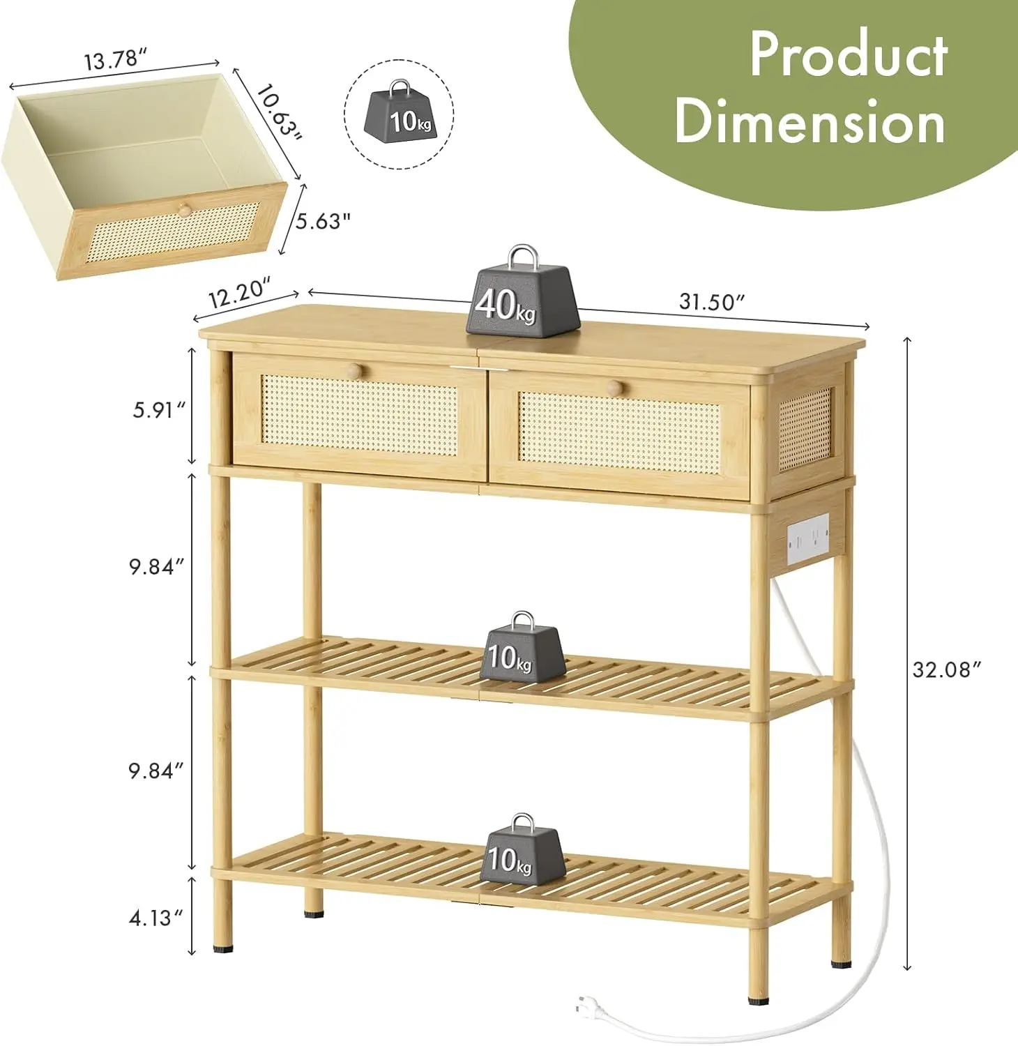 Bamboo Console Table with USB Outlets and Drawers for Living Room Entryway Storage