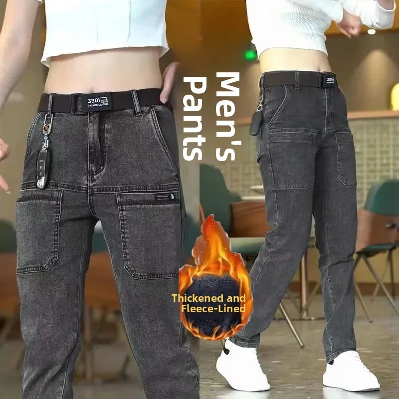 

Мужские джинсы прямого кроя слим-фит, с множеством карманов, на флисовой подкладке, утолщенные, износостойкие, повседневные рабочие брюки