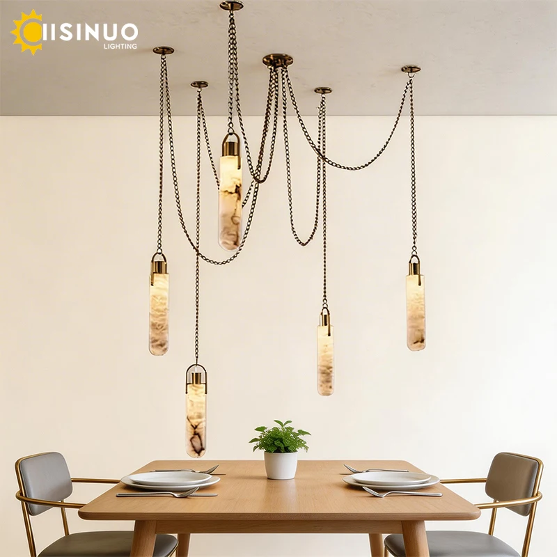 Industrial Marble Pendant Light Multi Head Series Hanging Chain Lamp E14 Suspension Luminaire For Living Room Loft Staircase Dec