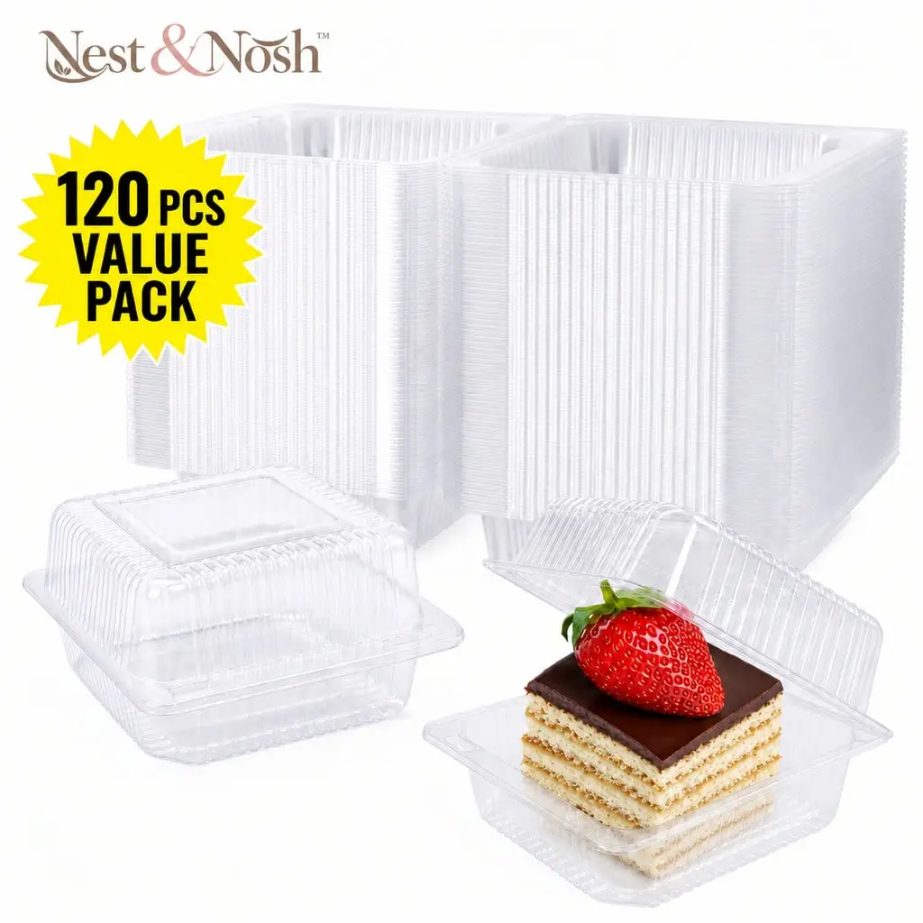 Clear Hinged Clamshell Food Containers [Buy 100 Get 20 Free + Bonus Halloween Stickers], Disposable Plastic Square Cake Slice Dessert Trays For Bakery, Individual Treat To-Go Boxes For Autumn Fall Holiday Party Catering