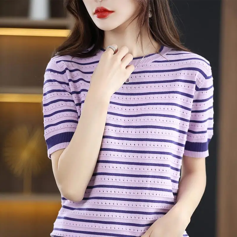 Summer Women Vintage Striped T-Shirt Korean All-match Hollow Out Fashion Short Sleeve O-Neck Loose Casual Knitted Pullover Tops