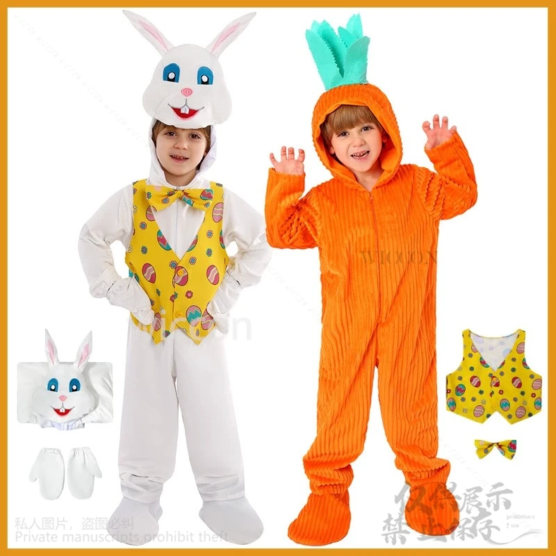 2024 Halloween Costume Boy Carrot Cosplay Girl Hooded Rabbit Animals Pajamas Jumpsuit Cos Furry White Bunny Costume For Child