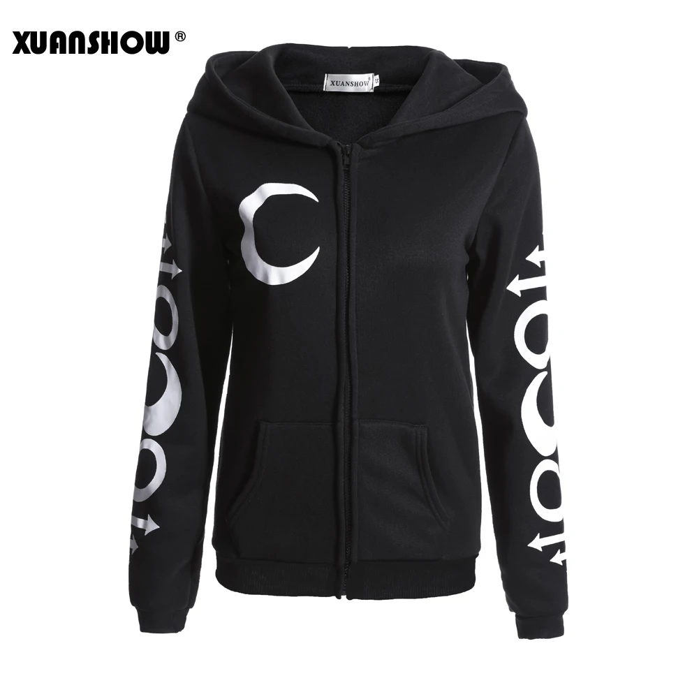 XUANSHOW Women Hoodies Sweatshirts Gothic Punk Moon Letters Print Clothes Autumn Winter Long Sleeve Jacket Zipper Lady Coat