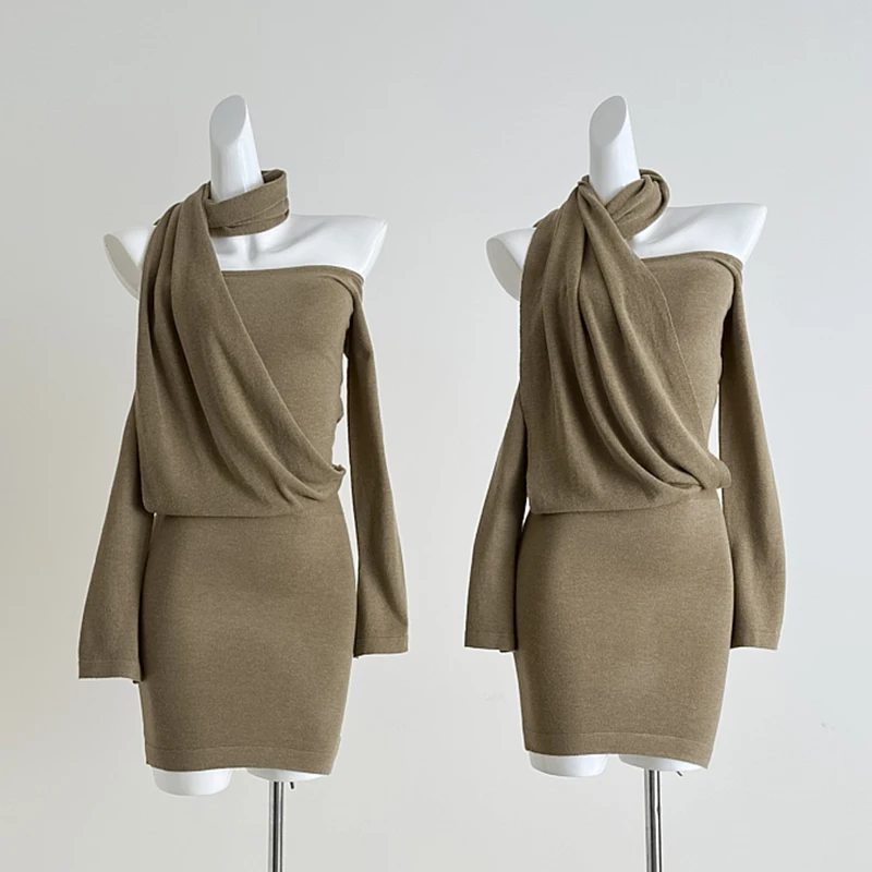 

Sexy Khaki Bodycon Dress Long Sleeve Halter Off-the-shoulder Mini Dress Women Outfits Sheath Dress Fashion Slim Short Dress