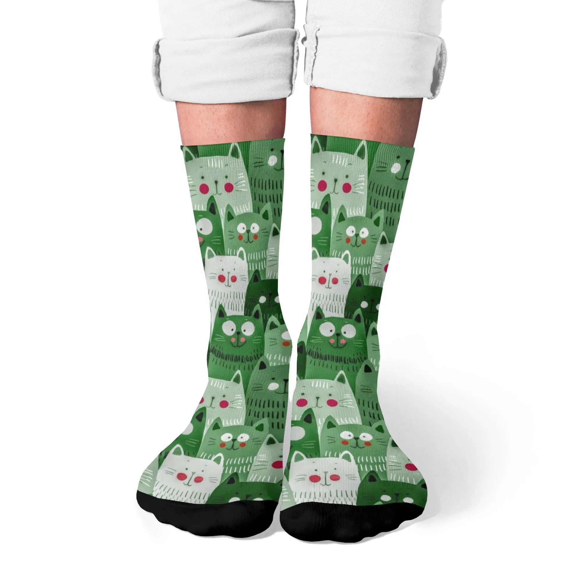 Cute Green Cartoon Cat Pattern Crew Socks Breathable Soft Comfortable Socks Perfect for Cat Lover Crazy Gift Outdoor Casual