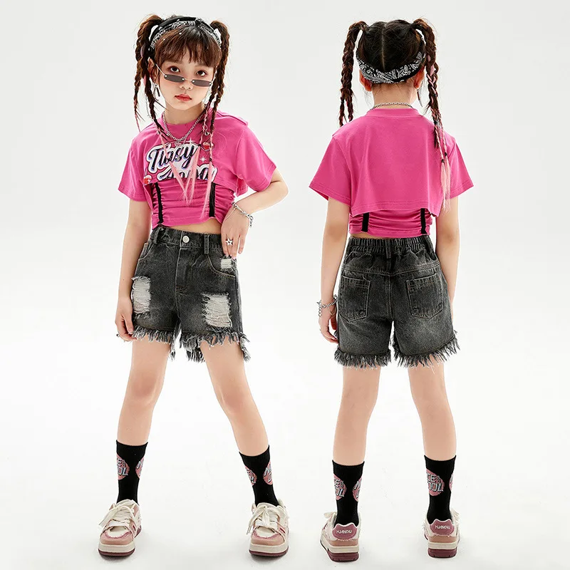 Kid Hip Hop Clothing Rose Ruched Crop Top T Shirt Black Summer Ripped Distressed Denim Shorts for Girl Dance Costume Clothes