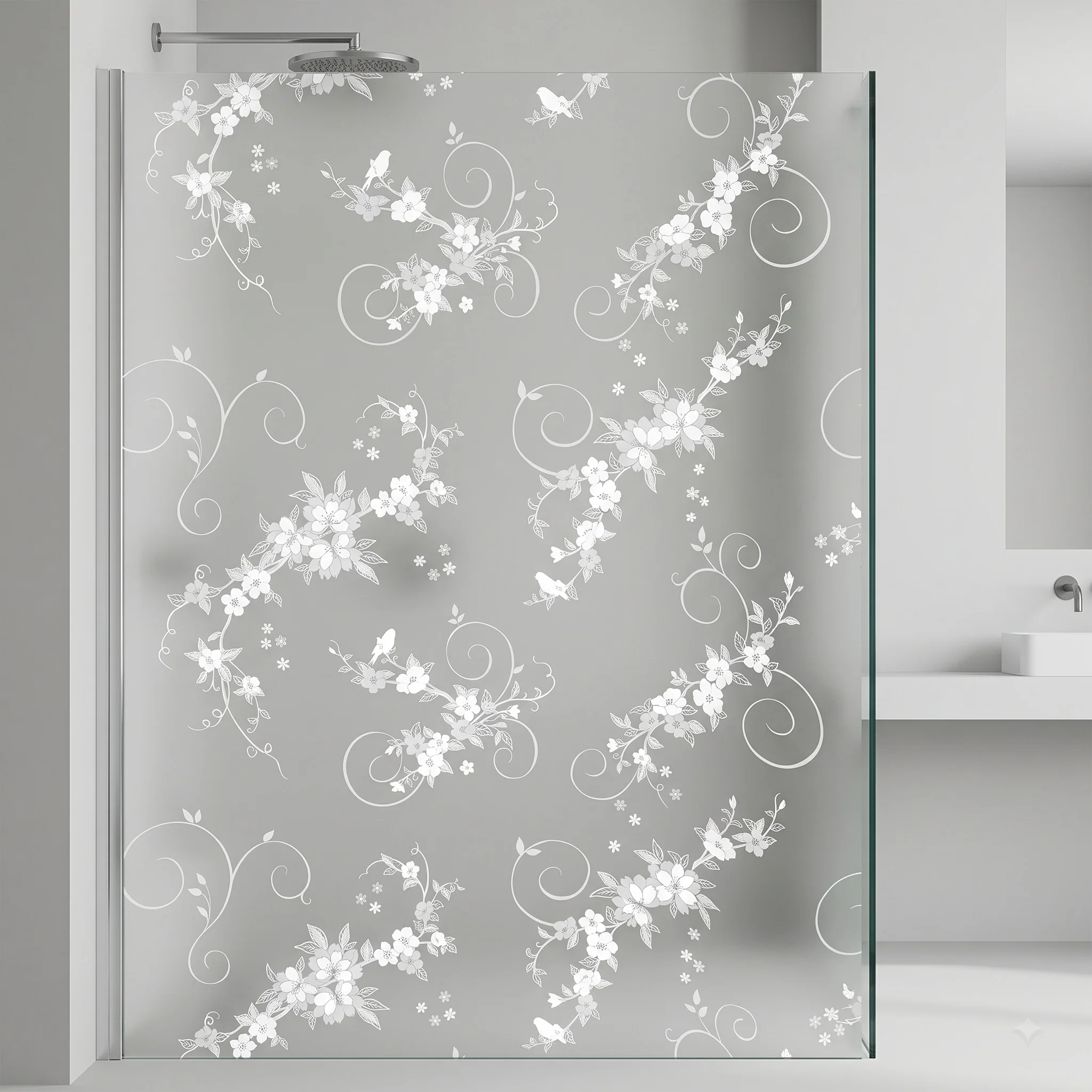 Self‑Adhesive Floral Bird Vine Window Film, Frosted Privacy Glass Sticker, Anti‑UV Decorative Window Film for Home Bathroom