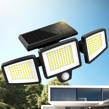 Luz solar exterior 2500LM 210 Luz de seguridad LED con control remoto, luz con sensor de movimiento de 3 cabezales, resistente al agua IP65, 270 °   Ángulo amplio