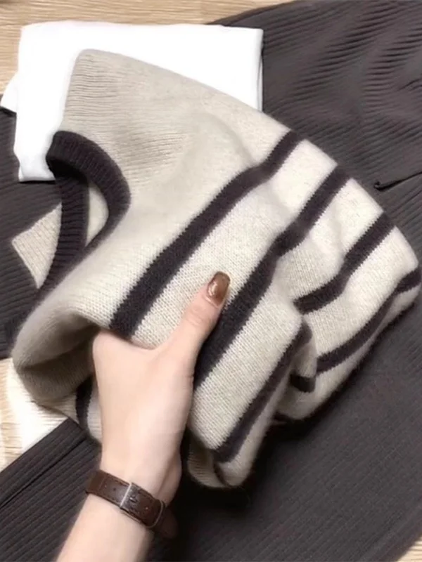 

Soft Cozy Striped Knitwear Women's Loose Base Layer Sweater Autumn Winter plus Size Faion Commute Sle Long Sve round Ne