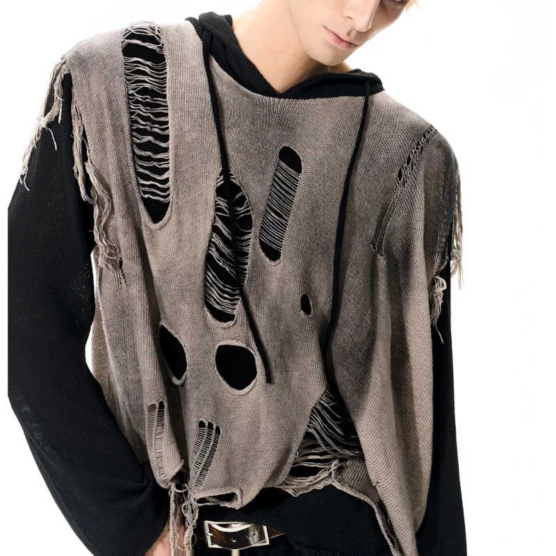 WVGA primavera otoño nuevo hombre marea desgastado suéteres de dos piezas tinte sucio moda prendas de punto con capucha nicho Chic Casual Tops Ins W12561