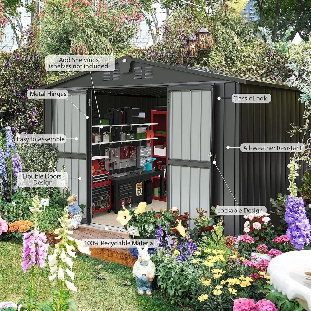 Sheds Outdoor Storage Shed Outdoor Shed - 10 X 8 FT Storage Sheds Galvanized Metal Shed With Slide Door Booth Garden Buildings