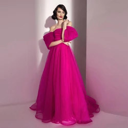 Off The Shoulder Mesh Puffy Prom Dresses Elegant Puff Sleeves Tulle Ruffles Evening Party Dress Floor Length Fluffy Pageant Gown