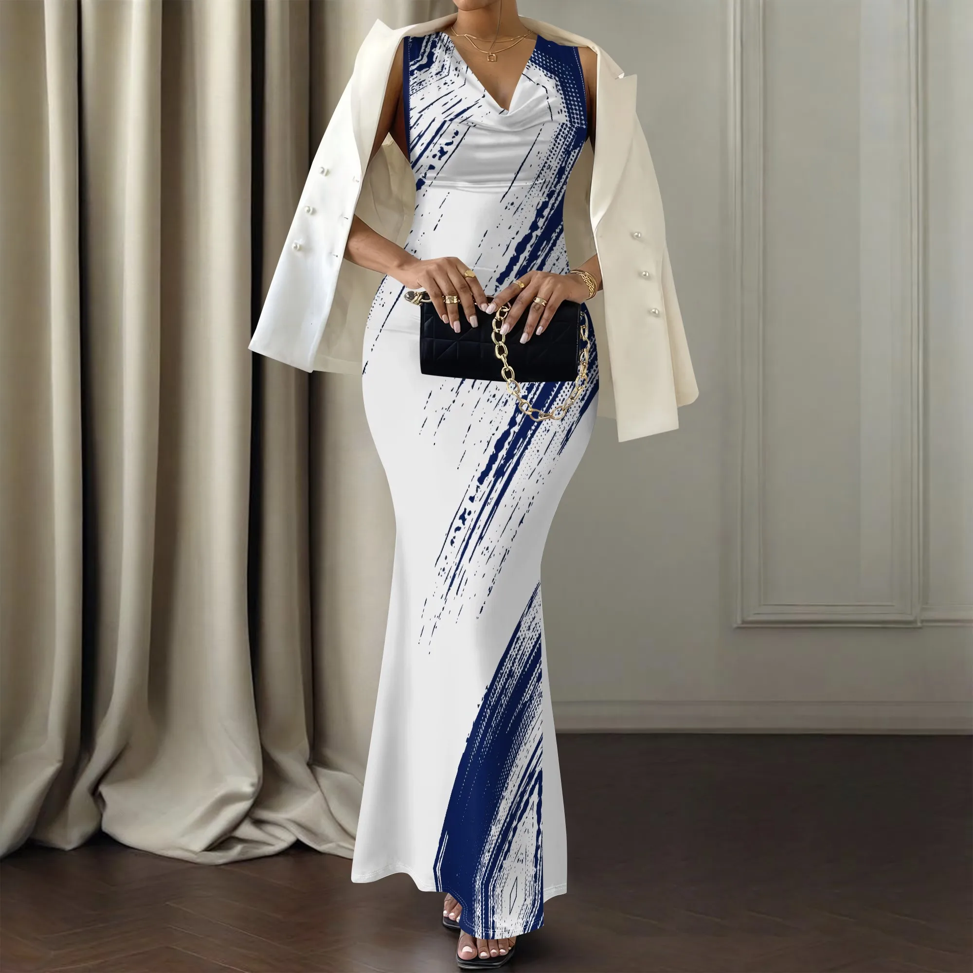 Vestido maxi feminino sem mangas com decote em V Branco Marinha Brush Stroke Print Vestido de festa bodycon de verão