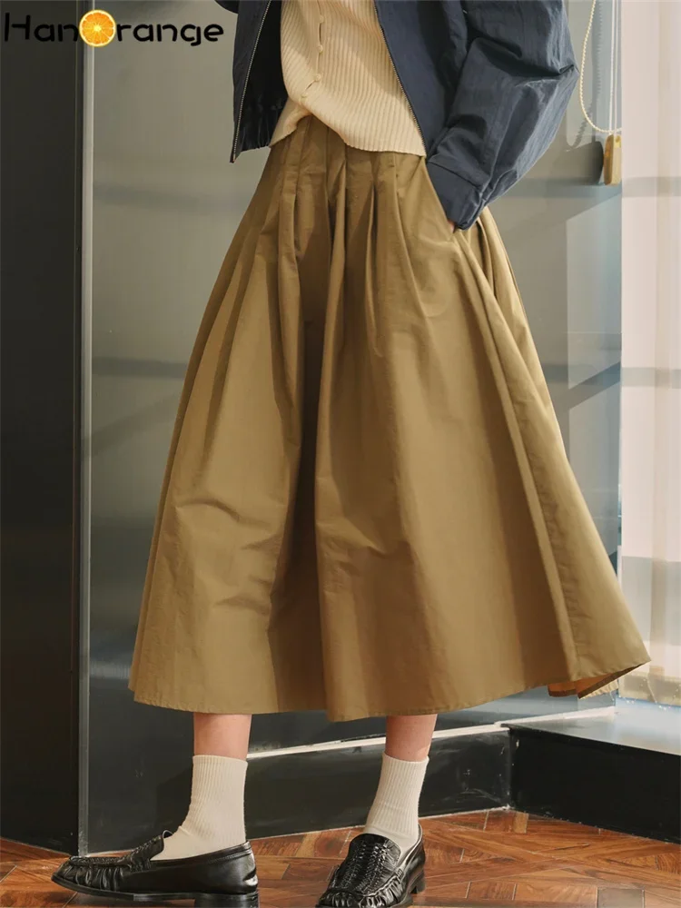 HanOrange 2024 Spring Vintage Fashion High Waist Skirt Pleated Fluffy Casual A-line Long Skirt Navy Blue/Khaki Green