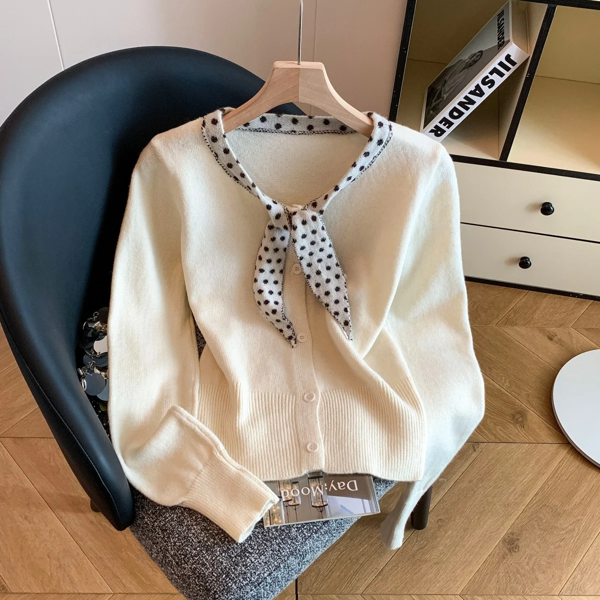 

French Polka Dot Lace Up Knitted Cardigan Autumn Women Long Sleeve Single Breasted Casual Sweater Temperament Versatile Lady Top