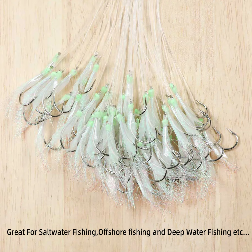 30 Stück # 6～ # 28 Leuchtende Köderköpfe mit Simulierter Fischhaut, Vorgebundene Monofilament-Schnur, Sabiki-Rigs für Forellen-, Hecht- und Salzwasserangeln – Detail 6