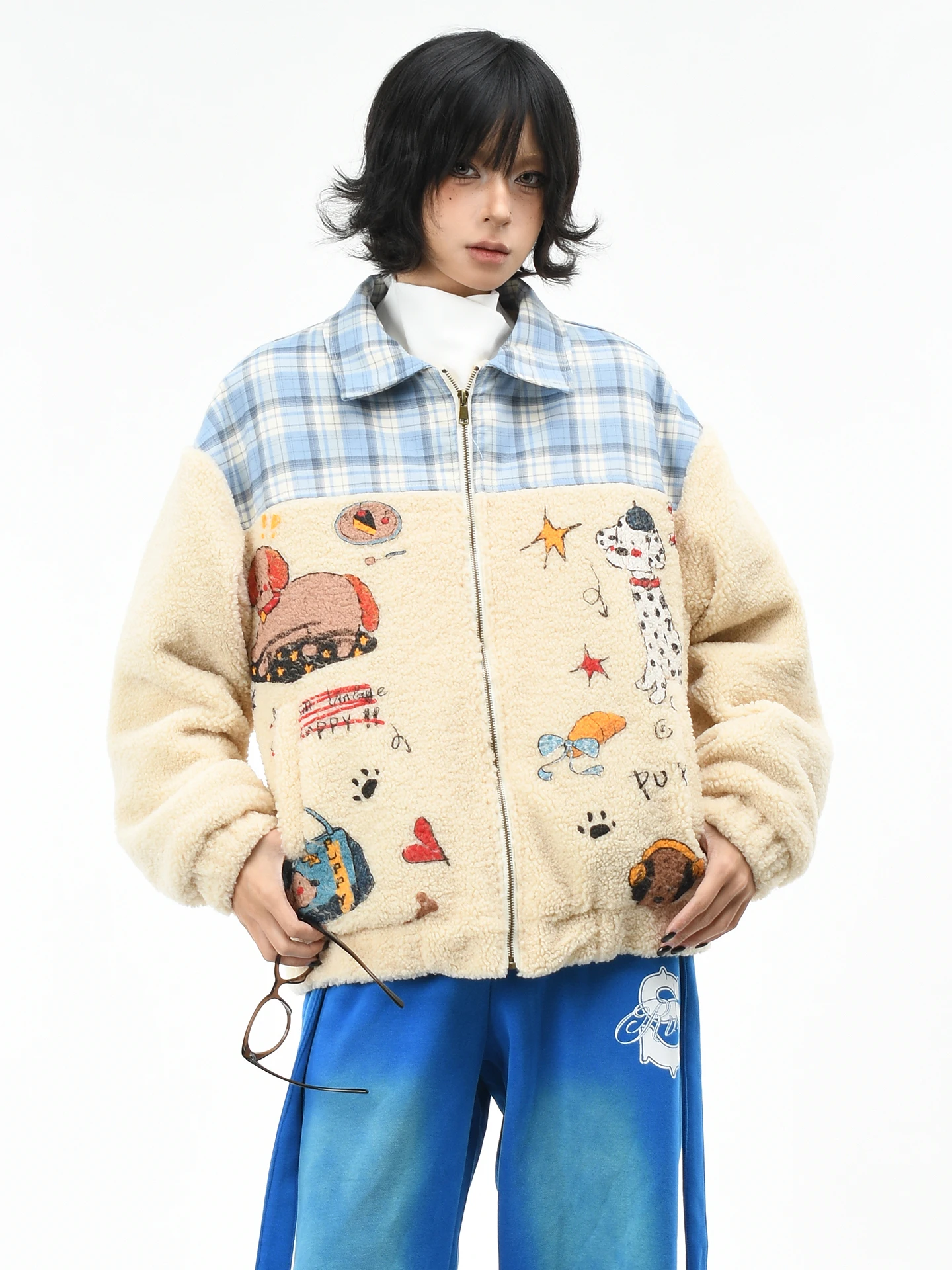 

OV Original American Fun Dog Print Lamb Velvet Cotton Jaet Women Winter Loose Color Blo Warm Cotton Clothes Men