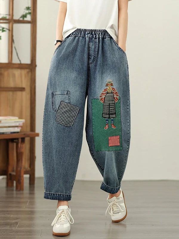 المرأة لينة الدنيم المرقعة فضفاضة عادية رقيقة سراويلي حريمي عالية الخصر تسع نقاط الجينز Sli التخسيس هارلان بنطلون