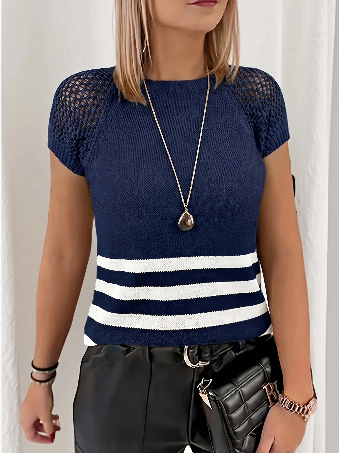 Women's Spring Summer Knitted Pullover Top Hollow-Out Short Sleeves Round Neck Striped Casual Elegant Fit for Everyday Wear