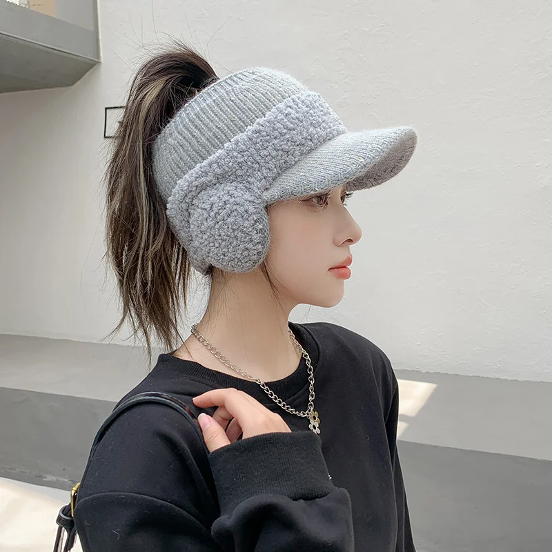 CNTANG-gorras de béisbol con orejeras para mujer, gorro de punto de lana de cordero, grueso y cálido, tendencia de moda, otoño e invierno, 2024