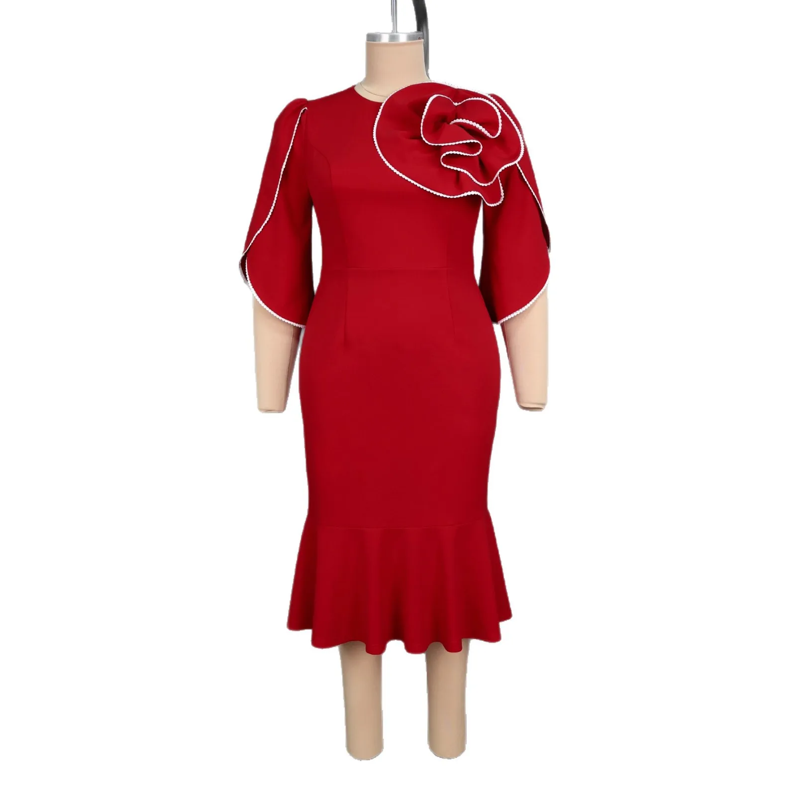 QMANSHA Übergröße Damen Burgunderrotes 3D-Blumenmuster Rundhals Mittellange Ärmel Tailliertes Meerjungfrauenkleid Abendkleid