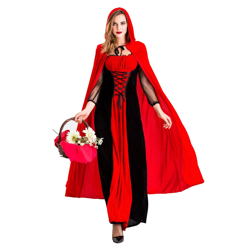 Women Little Red Riding Hood Halloween Carnival Outfit Adult Fairy Tales Queen Cosplay Costume Long Dress Red Cloak