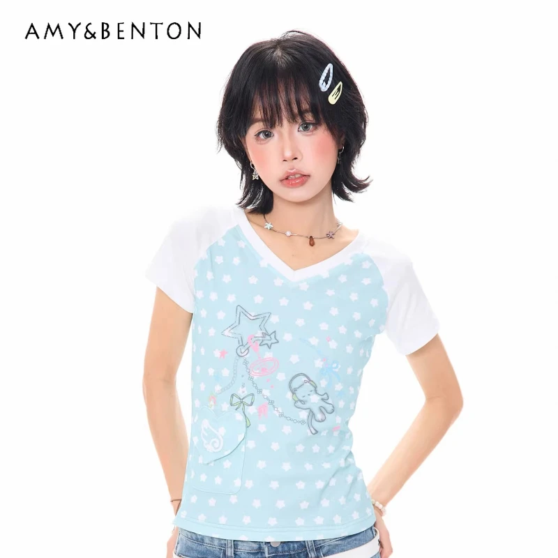 

Sweet Cool Stars Full V-neck Short-sleeved Women's T-shirt 2026 New Japanese Design Hot Girl Splicing Y2k Versatile Top Ladies
