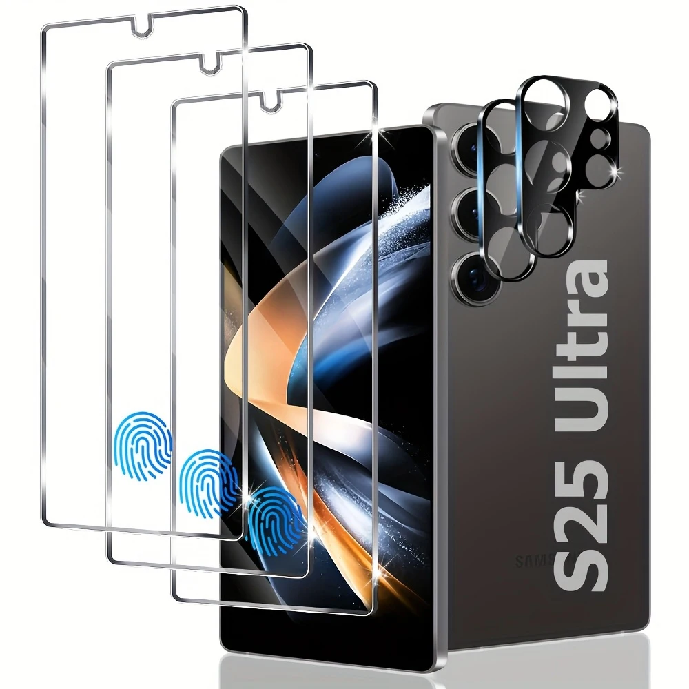 3 Displayschutzfolien und 2 HD-Objektivfolien, unterstützt Fingerabdruckerkennung, für Galaxy S25 Ultra 6,9 Zoll Displayschutzfolie
