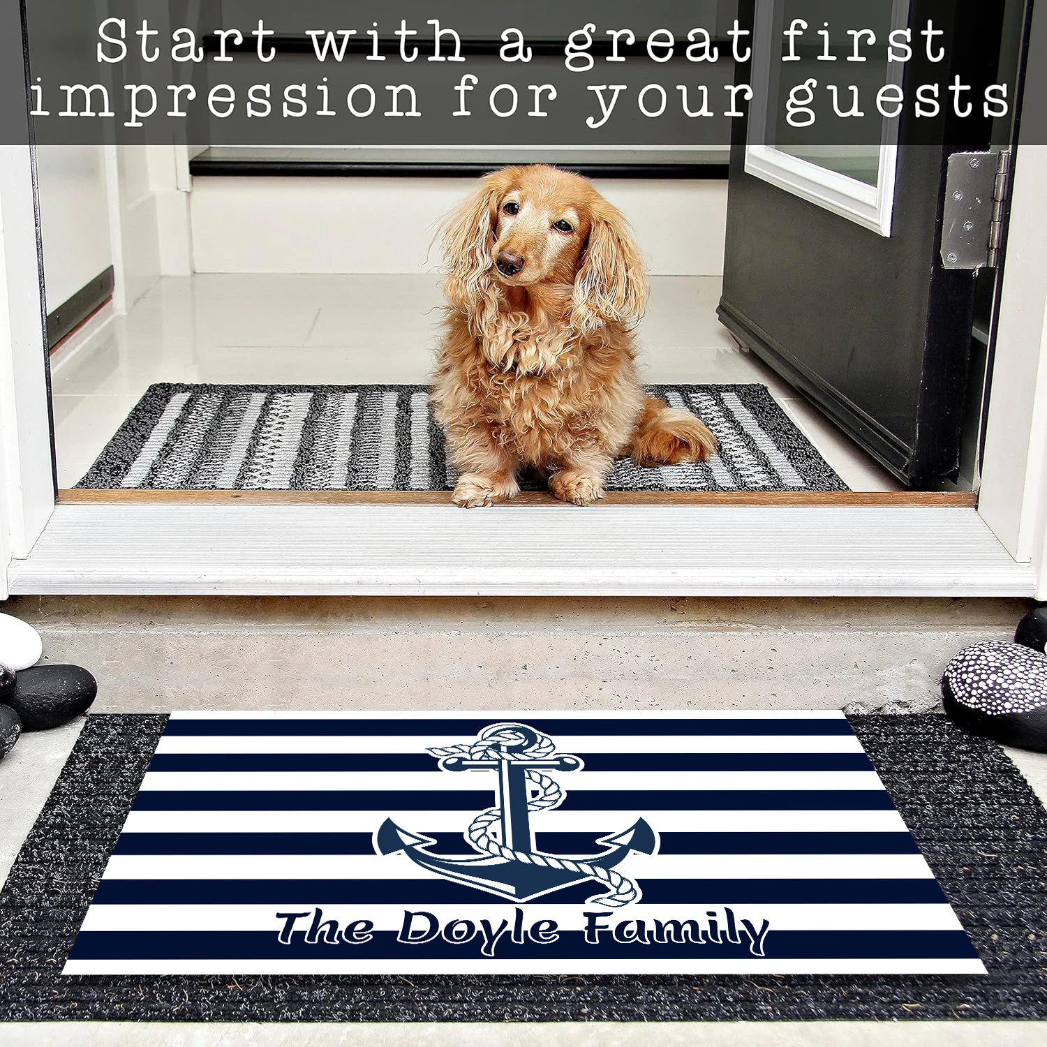 Vintage Anchor Nautical Door Mat Retro Stripes Custom Family Name Front Doormat Personalized Welcome Mat Indoor Outdoor Entrance