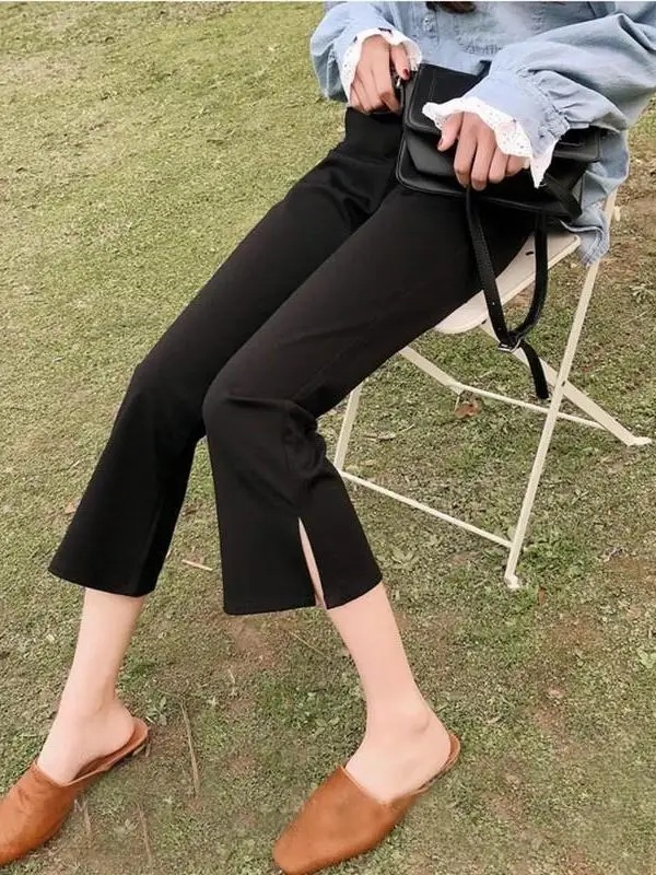 Summer Thin Ice Silk Women's Micro Flared Pants Low Waist Elastic Waistband Black Straight Leg Ankle-Length Bell Bottoms