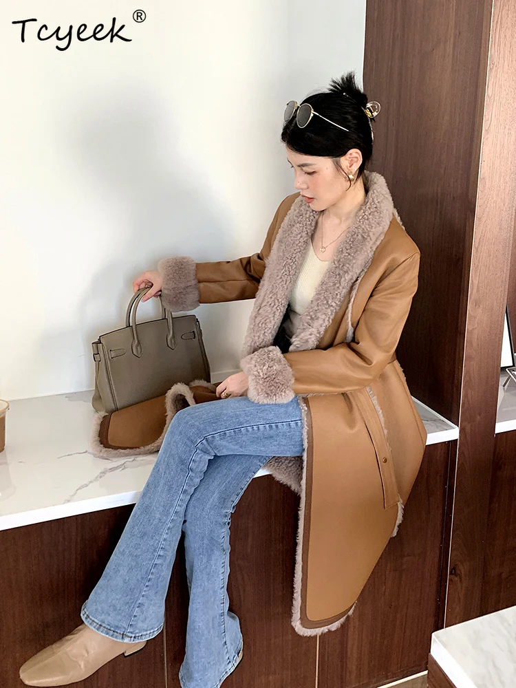 Tcyeek lana genuina Otoño Invierno gama alta moda tarjeta profunda longitud media mujer lana piel de oveja abrigo Fourrures Femme