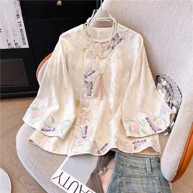 

Butterfly Flower Embroidery Blouse Shirt for Women 2026 Spring Autumn Plus Size Satin Top Traditional Chinese Clothing