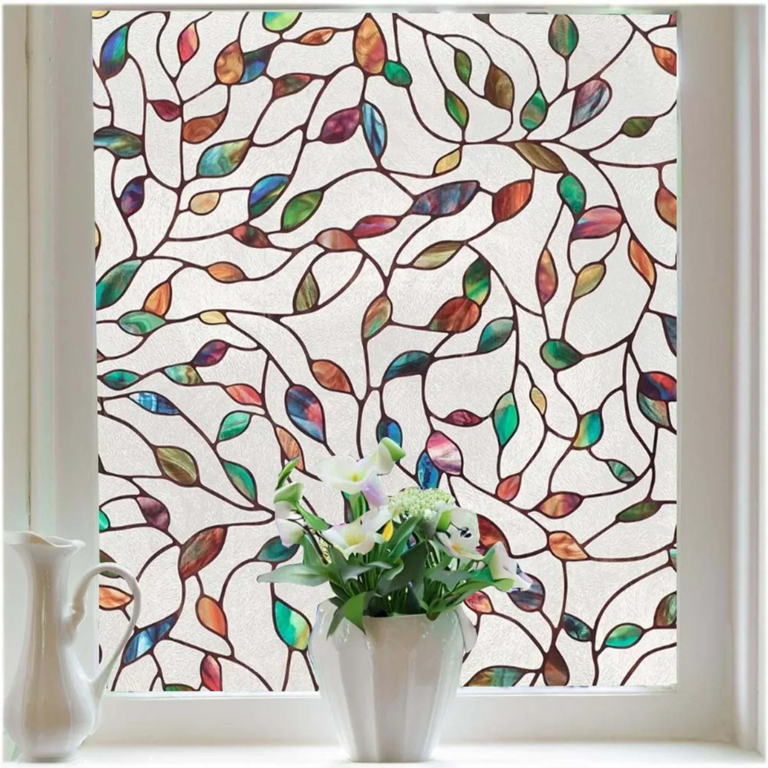 Colorful Leaf Stained Glass Static Cling Window Film UV Block Heat Control Anti Glare Removable Window Sticker for Living Room