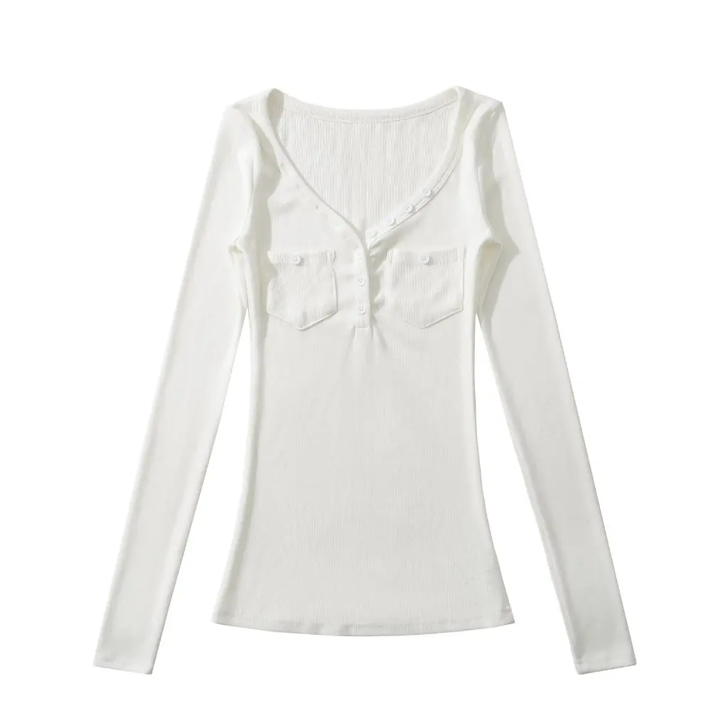 

Женская облегающая трикотажная базовая рубашка с v-образным вырезом и пряжкой Design Sense, осенне-зимняя футболка в корейском стиле для девочек