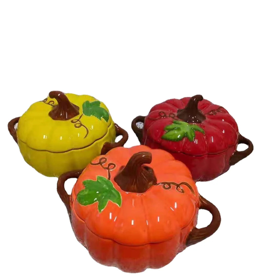 Ceramic Painted Pumpkin Bowl with Lid Noodle Bowl High-temperature Resistant Steamable and Bakeable Bowl Halloween Dinnerware