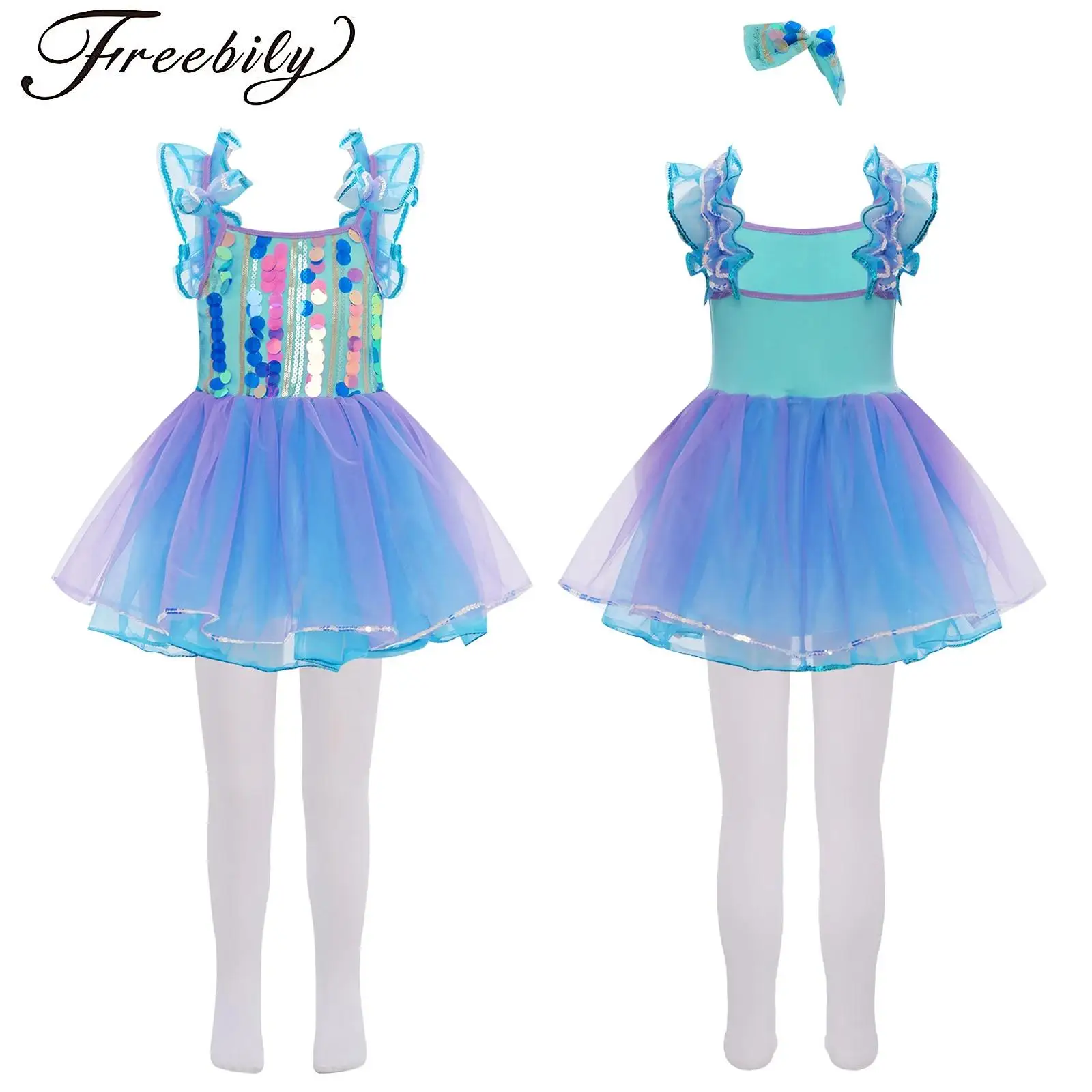 

Kids Girls Ballet Tutu Dress Sleeveless Sequin Bodice Layered Ballerina Tulle Leotard Dress with Bowknot Headwear Pantyhose Set
