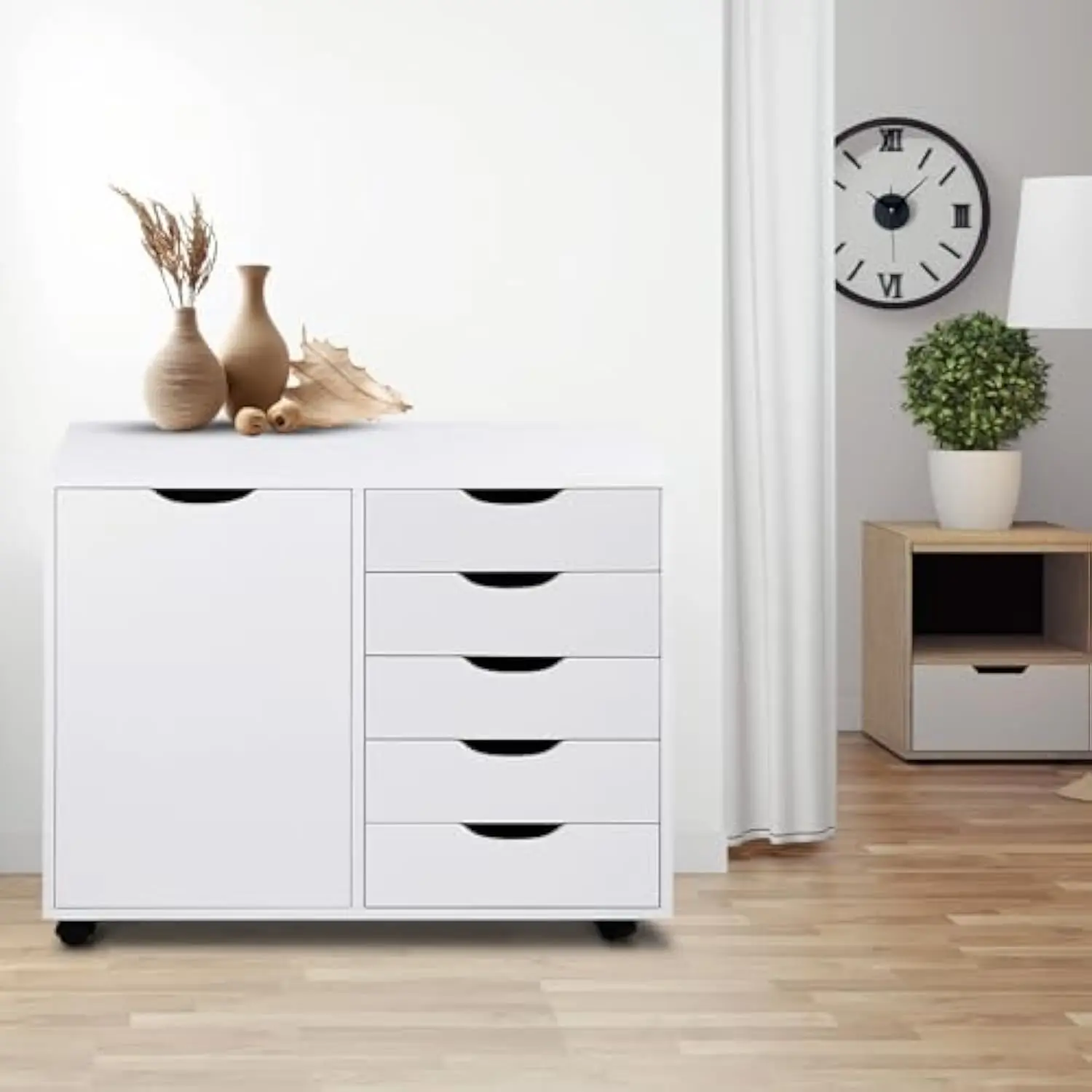 

Amy 5 drawer chest, wood storage dresser cabinet with wheels, craft storage organization, makeup drawer unit for closet, bedroo